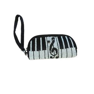 Mary Frances Beaded Piano Keyboard Wristlet Clutch Black‎ White Music Note